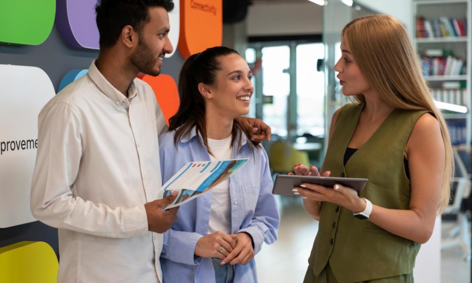 Modern educational facility with business professionals engaged in financial learning session